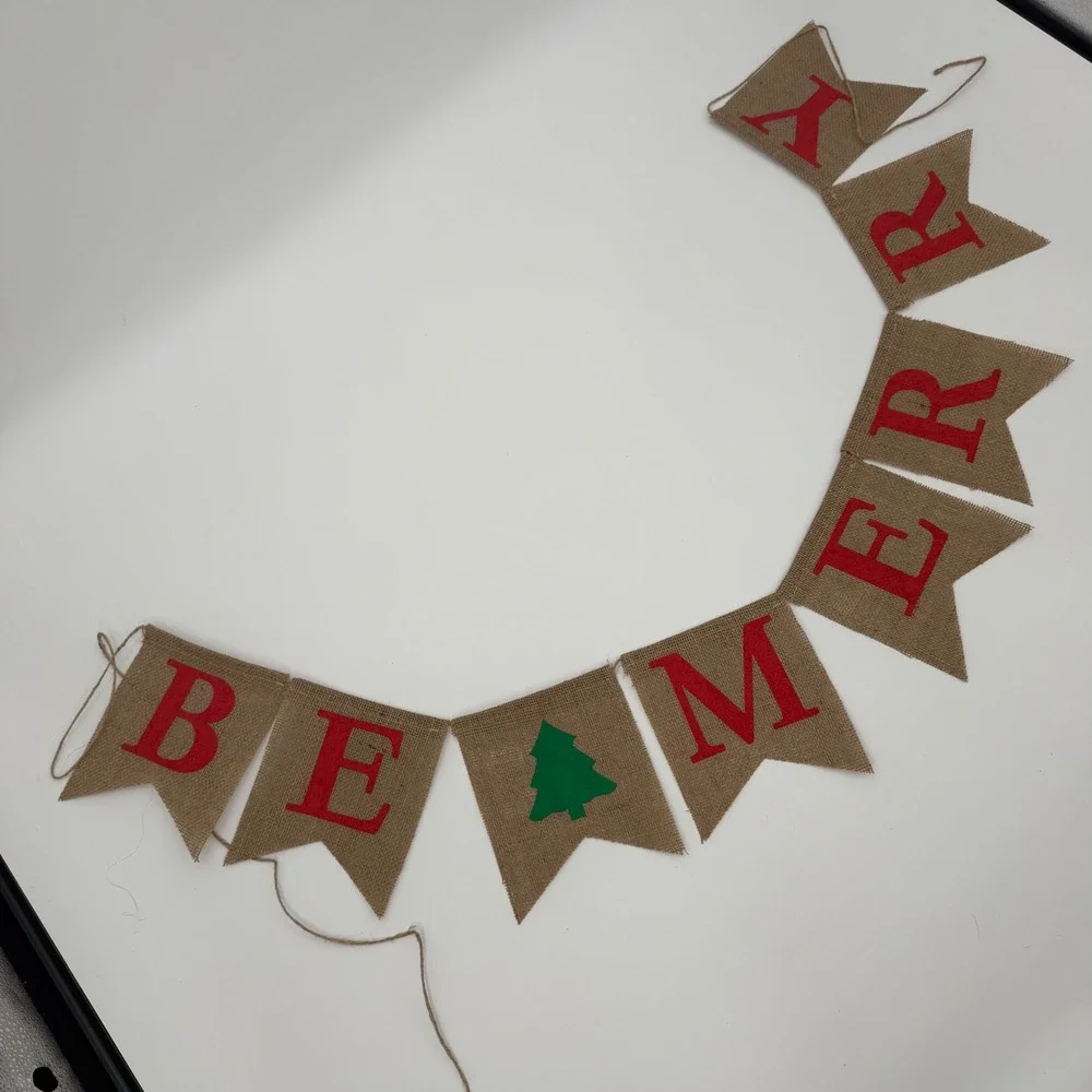 Christmas Burlap Banner Be Merry Red Green Felt Rustic Farmhouse Handmade